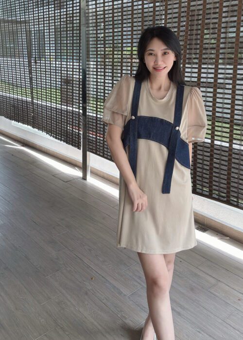 Puff Sleeve Splice Loose Dress 设计感拼接宽松直筒裙