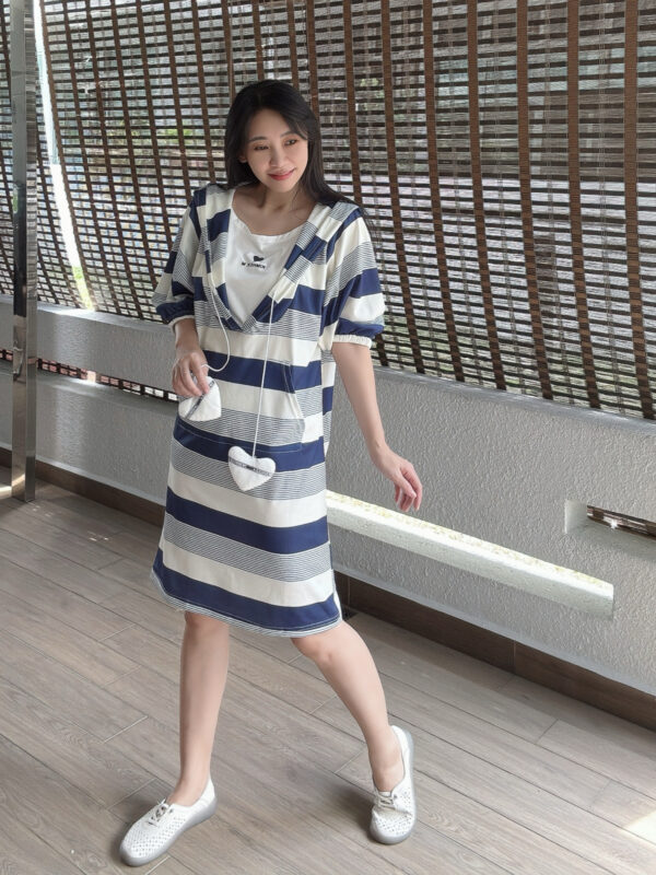 XANA Stripe Hoodie Loose Dress 条纹连帽宽松直筒裙 - Image 6