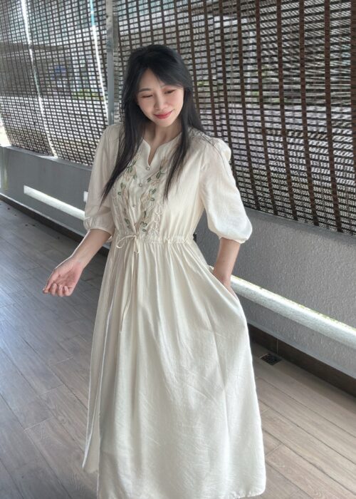 NIAN XIA Ivory Embroidered Tie Dress 念夏新中式拉绳连裙