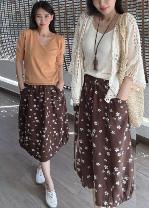 White Floral Pockets Harem Skirt 小白花复古哈伦半裙