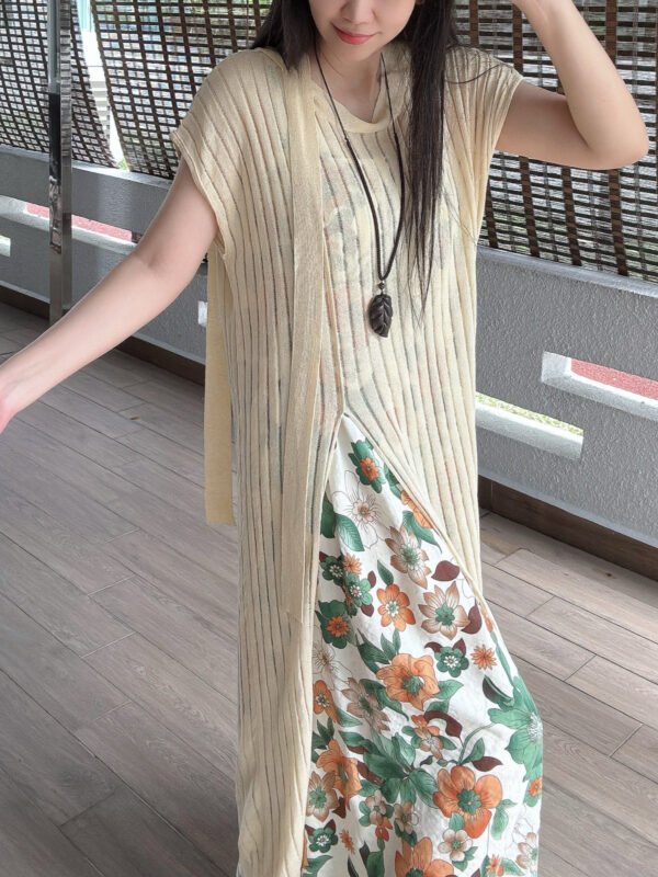 Side Split Long Outer 叠穿坑条长罩衫 - Image 3
