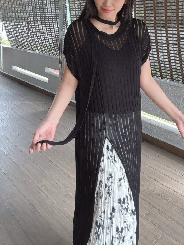 Side Split Long Outer 叠穿坑条长罩衫 - Image 8