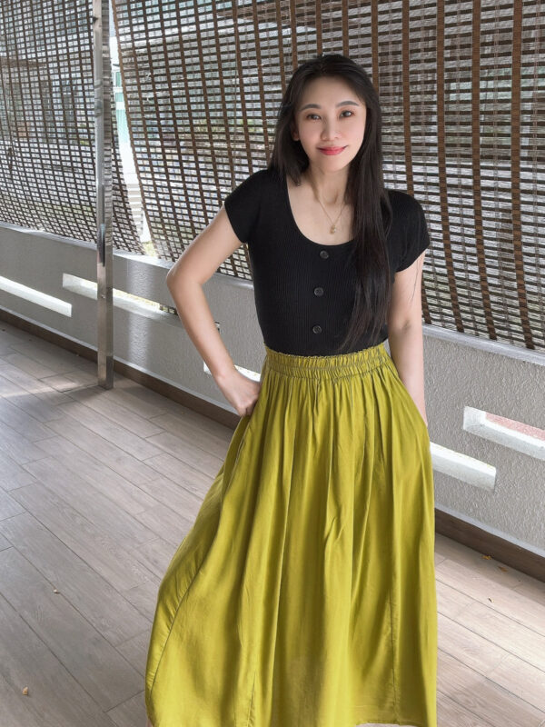 Mustard Green A-line Pockets Skirt 芥末绿拼接大A字半裙 - Image 8