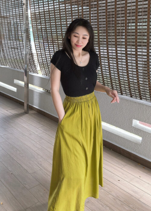 Mustard Green A-line Pockets Skirt 芥末绿拼接大A字半裙