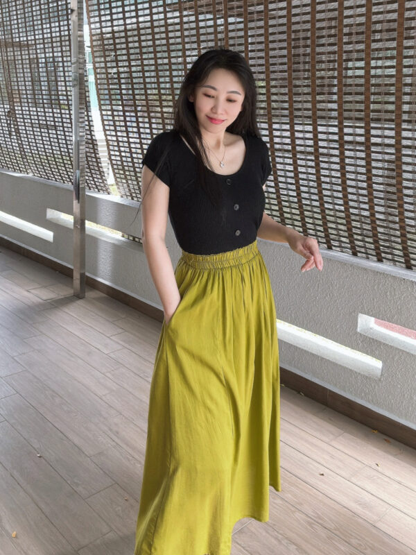Mustard Green A-line Pockets Skirt 芥末绿拼接大A字半裙
