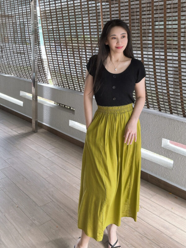 Mustard Green A-line Pockets Skirt 芥末绿拼接大A字半裙 - Image 6