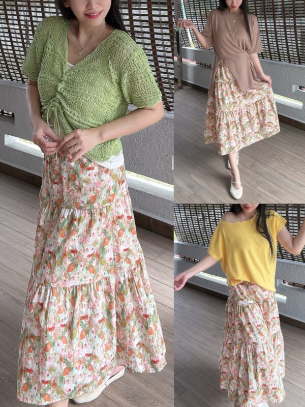 Spring Floral Watercolour Tiered Skirt 春日水彩碎花半裙