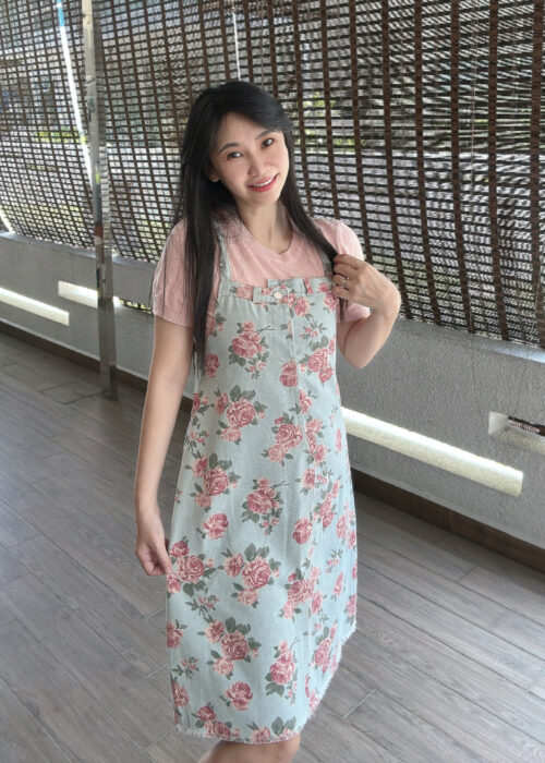Rose Print Denim Overall Dress 做旧玫瑰印花牛仔背带裙