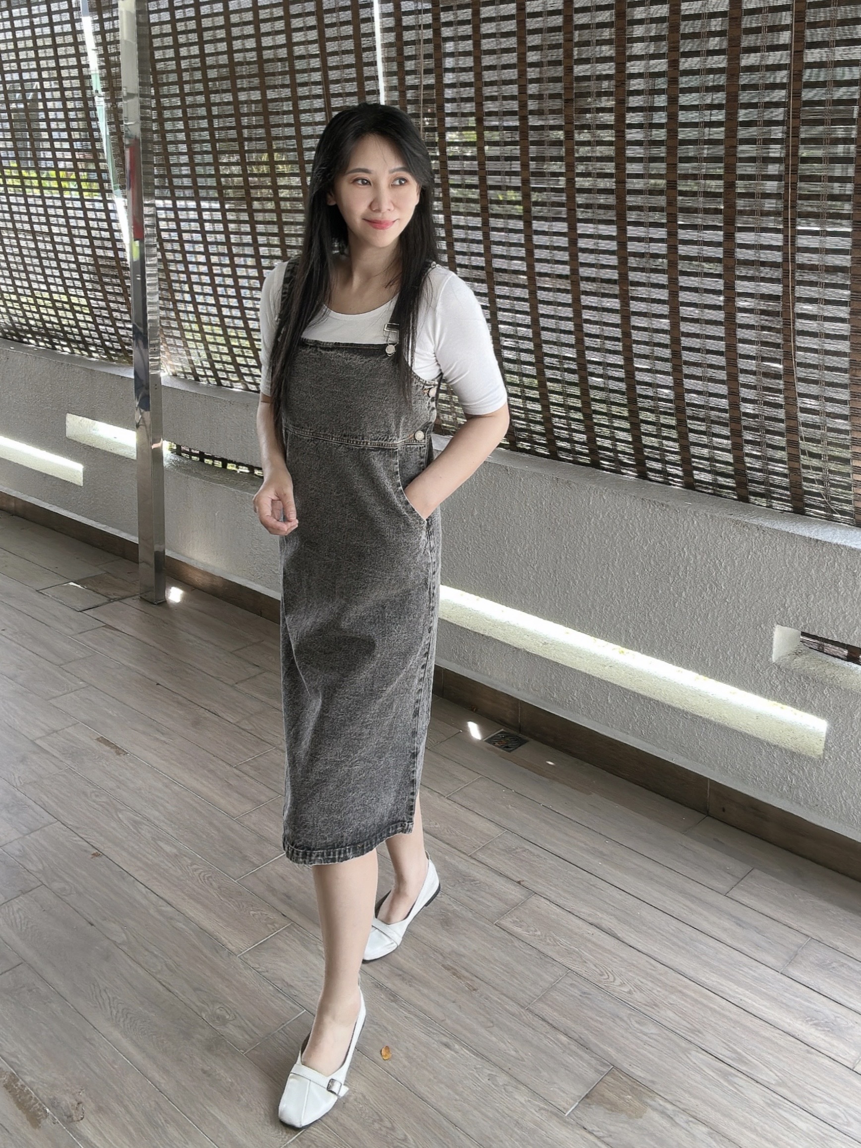 Straight Midi Denim Overall Dress 雪花灰直筒牛仔背带裙