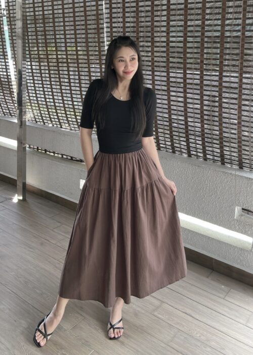 Ash Brown Linen Tiered Pockets Dress 雾感灰咖棉麻口袋半裙