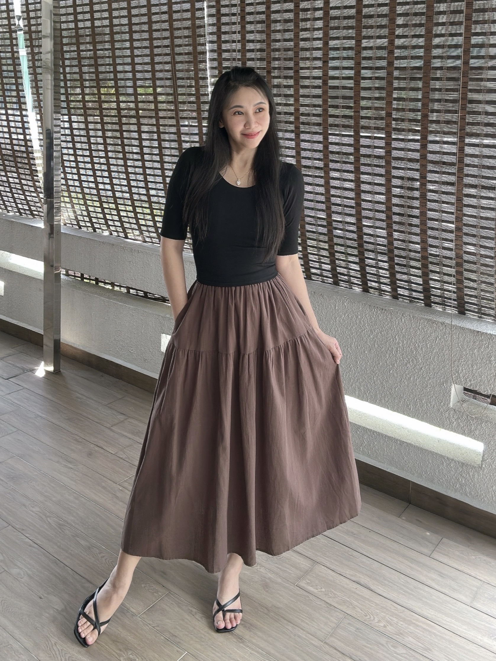 Ash Brown Linen Tiered Pockets Dress 雾感灰咖棉麻口袋半裙