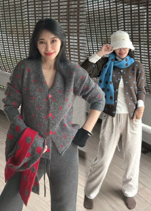 Retro Polka Dot Thick Knit With Scarf 带围巾糯米波点针织厚开衫