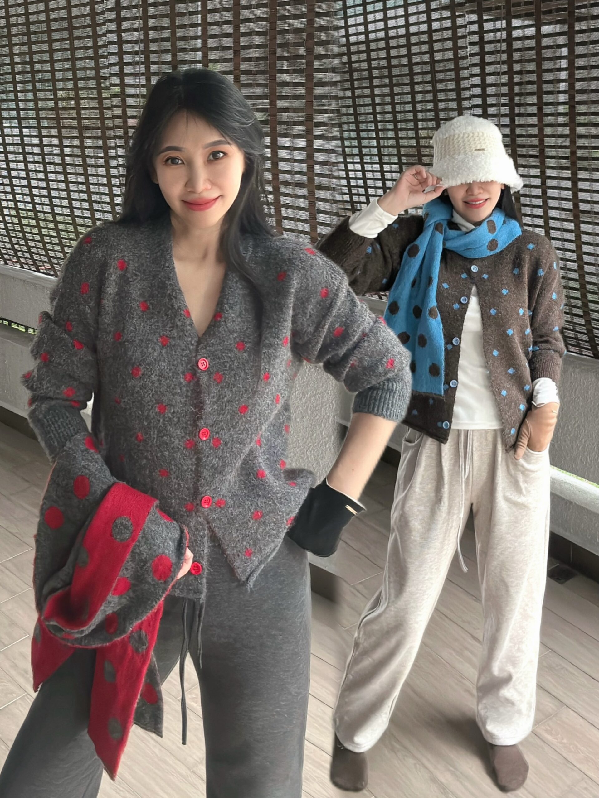 Retro Polka Dot Thick Knit With Scarf 带围巾糯米波点针织厚开衫