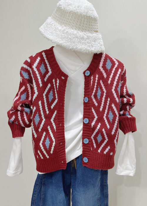 Burgundy Diamond Jacquard Thick Knit Cardigan 酒红菱格秋冬厚针织开衫毛衣