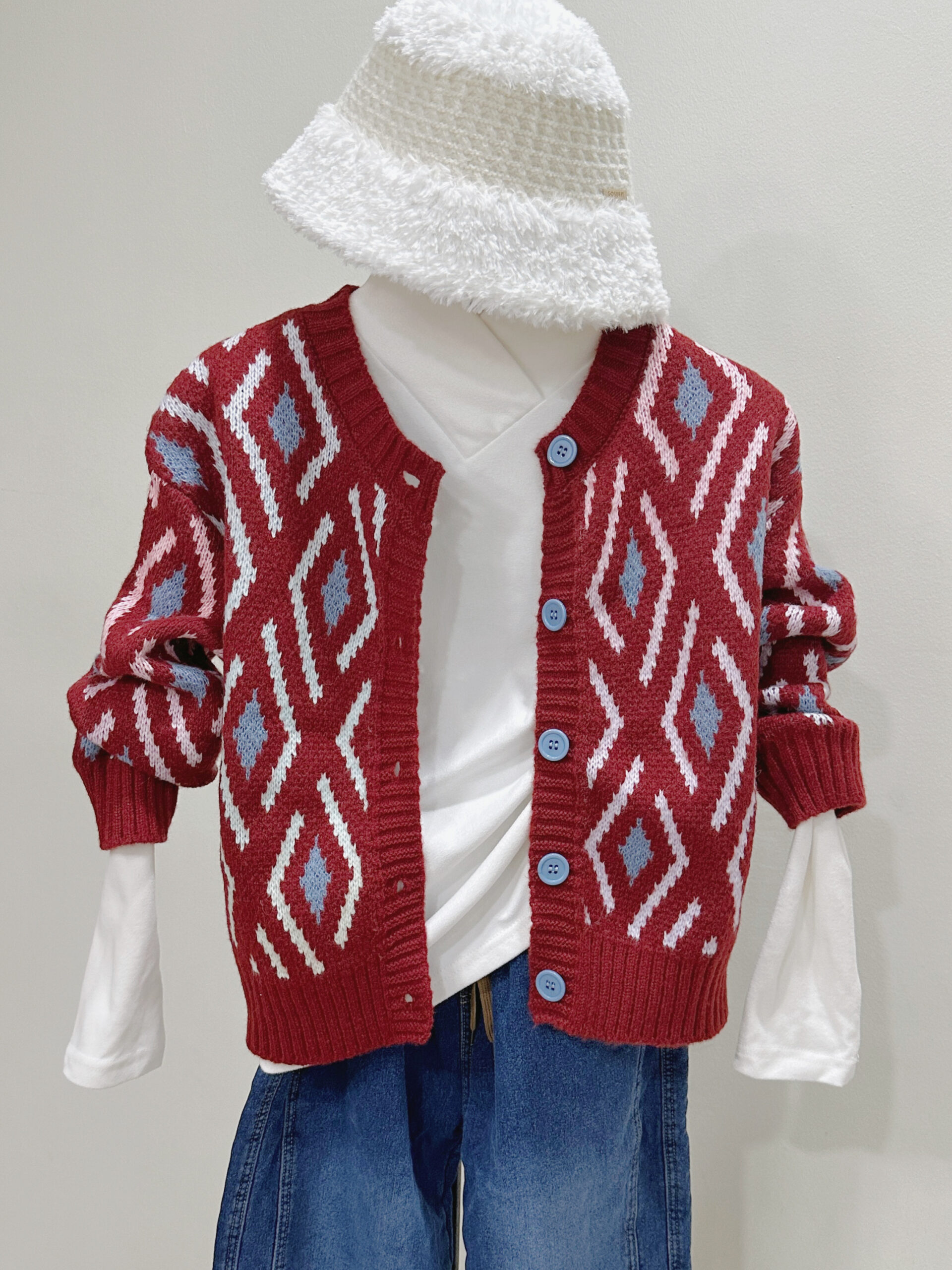 Burgundy Diamond Jacquard Thick Knit Cardigan 酒红菱格秋冬厚针织开衫毛衣