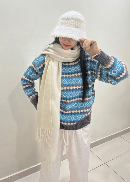 Loose Blue Fair Isle Knit Winter Sweater 天蓝费尔岛宽松秋冬针织毛衣