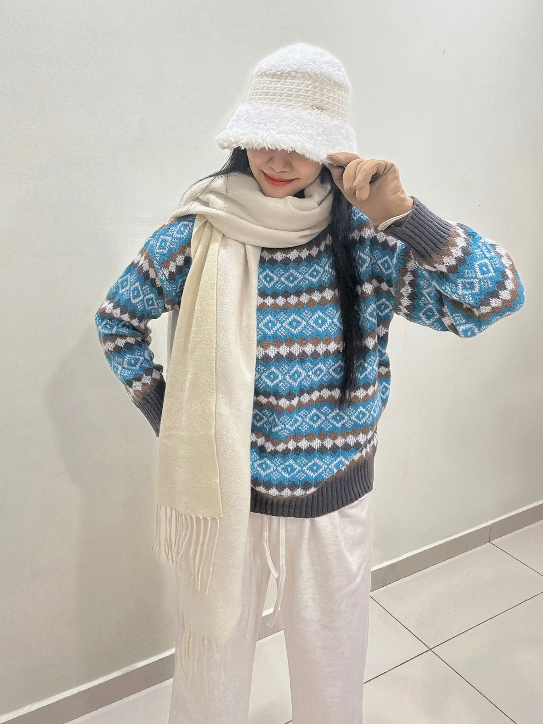 Loose Blue Fair Isle Knit Winter Sweater 天蓝费尔岛宽松秋冬针织毛衣