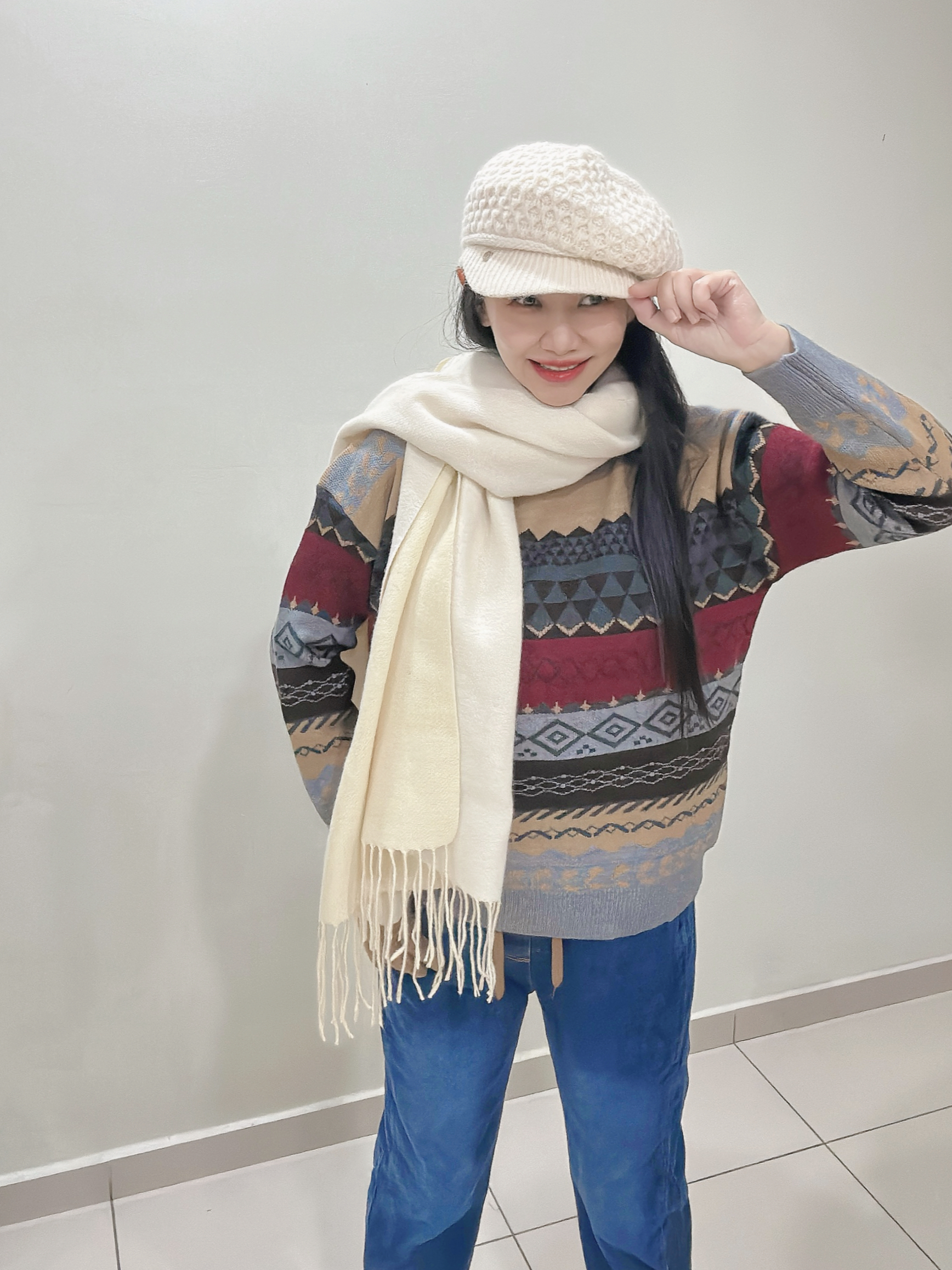 Loose Vintage Red Fair Isle Knit Winter Sweater 复古红费尔岛宽松秋冬针织毛衣