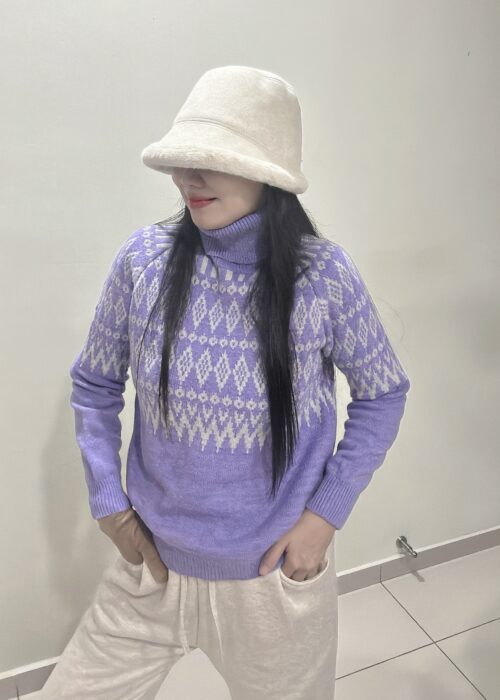 Lavender Argyle Jacquard Turtleneck Thick Knit Sweater 香芋紫菱格提花高领针织厚毛衣