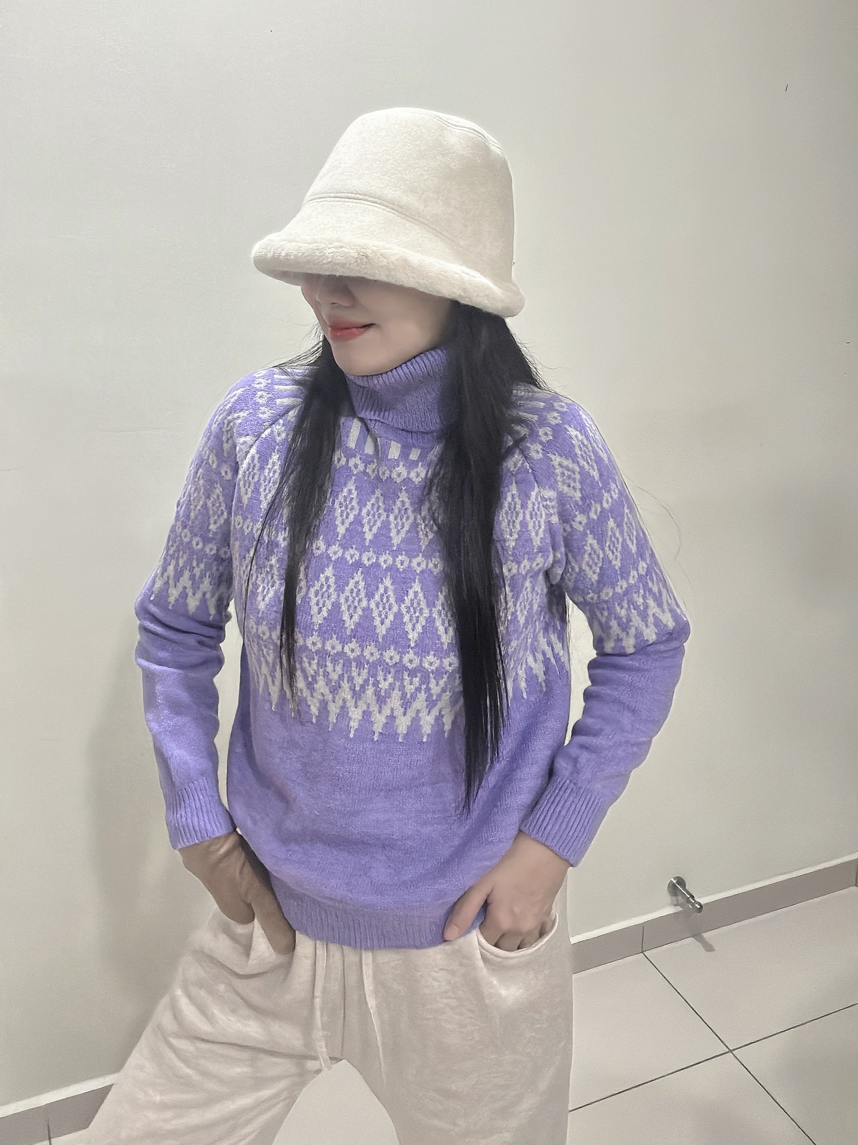 Lavender Argyle Jacquard Turtleneck Thick Knit Sweater 香芋紫菱格提花高领针织厚毛衣