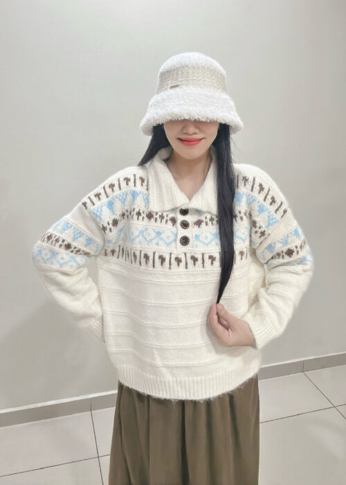 Cream Fair Isle Half‑Button Collared Knit Top 奶油费尔岛翻领半扣针织毛衣