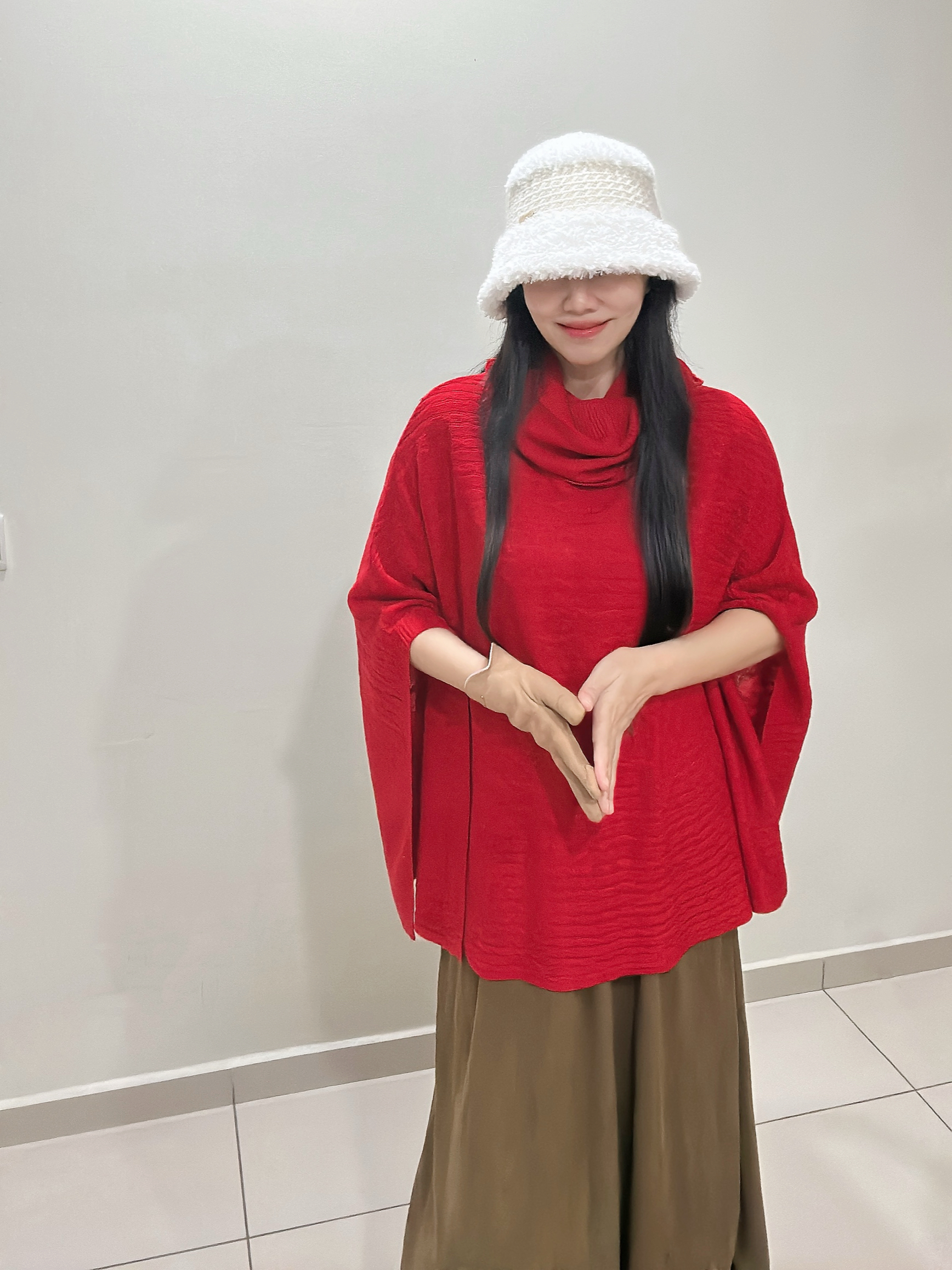 (Red) Spring & Fall Cowl Neck Knit Poncho 春秋堆堆领针织斗篷衫 (红)
