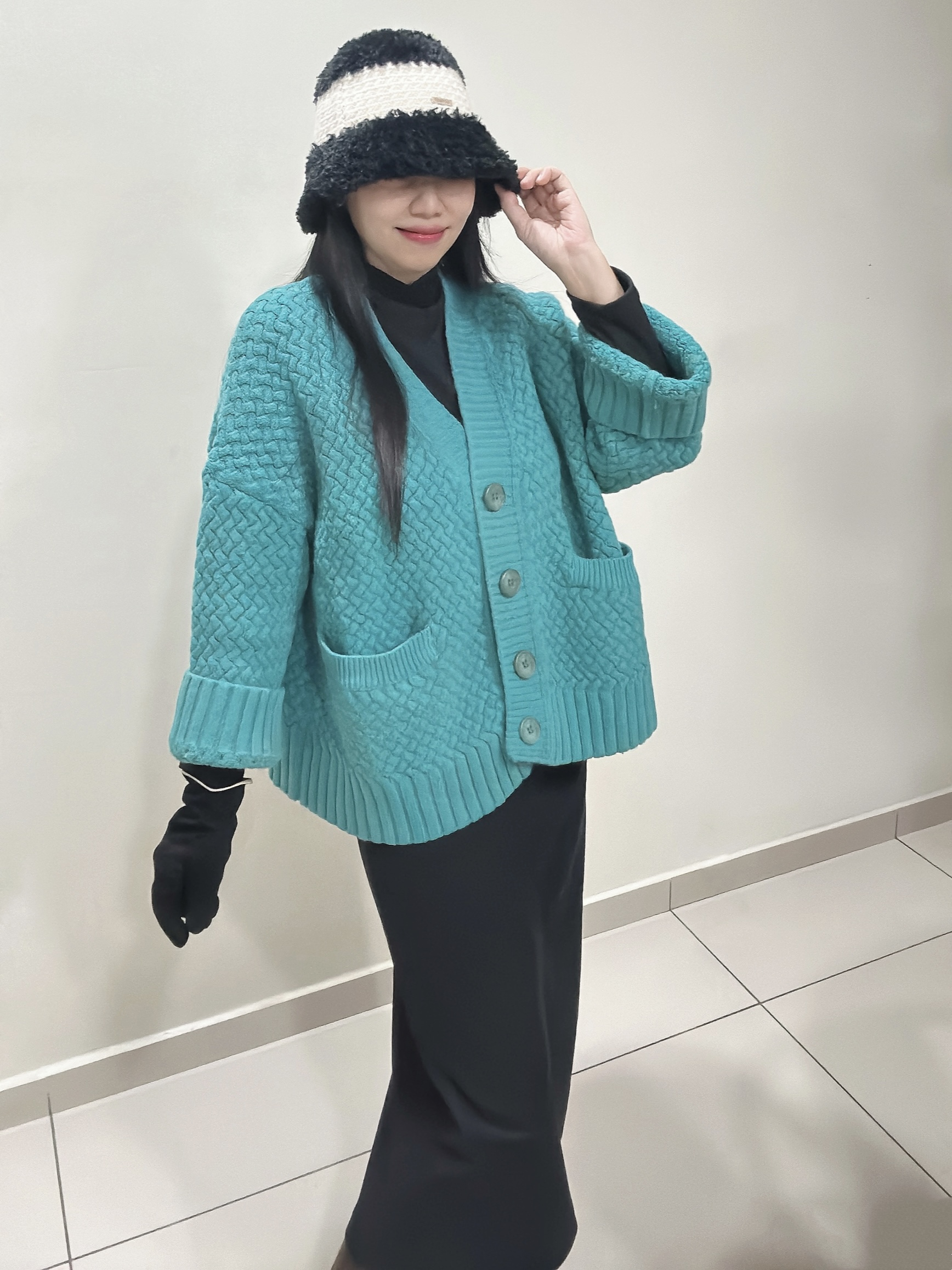 AW Oversized Lake Blue Green Thick Knit Cardigan 湖蓝绿大版开衫针织厚毛衣